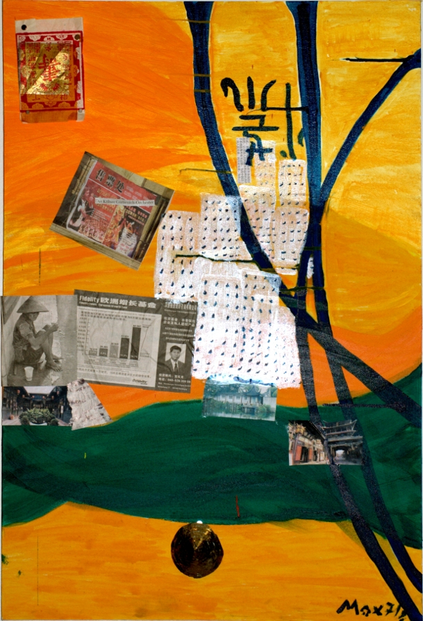 Mox * Chinesische Verwirrung - Assemblage, 70x100 cm, Papier, Metall, Tempera, Acryl